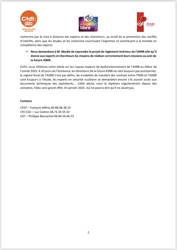 JeSoutiensIRSN's tweet image. Communiqué de presse de l’intersyndicale de l’IRSN !!!

L’ASN fait main-basse sur la gouvernance de la nouvelle autorité !!!
Demande de RDV en urgence à M. Abadie, président de l’ASN !!!

#JeSoutiensIRSN #JaimeMonIRSN @JaimeMonIRSN