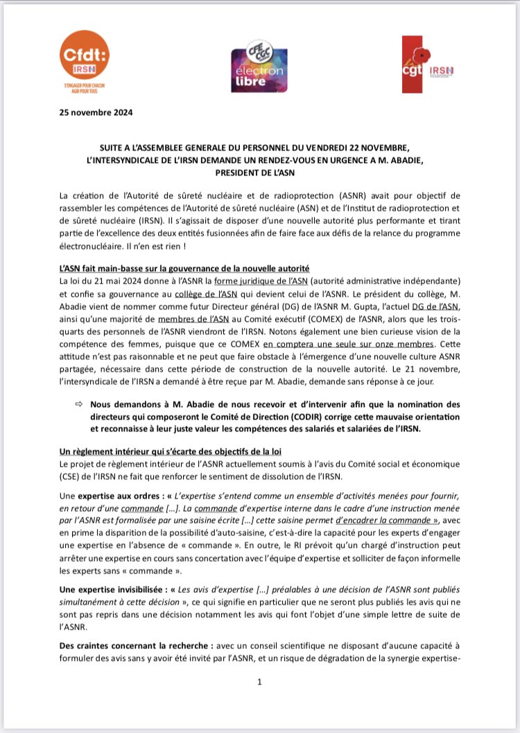 JeSoutiensIRSN's tweet image. Communiqué de presse de l’intersyndicale de l’IRSN !!!

L’ASN fait main-basse sur la gouvernance de la nouvelle autorité !!!
Demande de RDV en urgence à M. Abadie, président de l’ASN !!!

#JeSoutiensIRSN #JaimeMonIRSN @JaimeMonIRSN