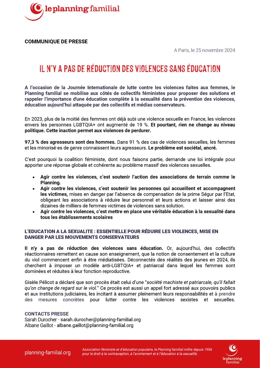 #COMMUNIQUÉ | Il n’y a pas de réduction des violences sans éducation 🗣️

💬A l'occasion de la Journée Internationale de lutte contre les violences faites aux femmes, le Planning familial se mobilise aux côtés de collectifs féministes pour proposer des solutions et rappeler