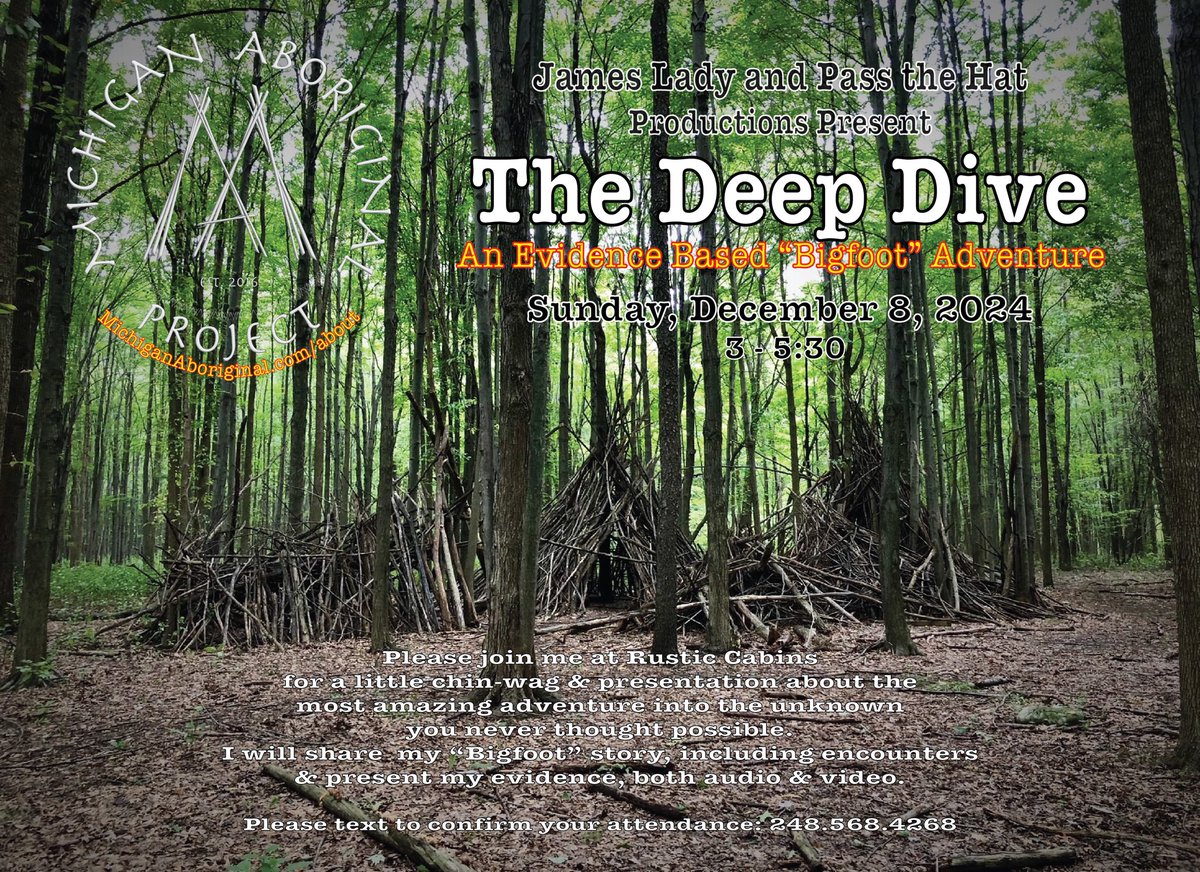 MiAboriginal's tweet photo. @DevinScillian  please join us at Rustics!  I’ll be presenting my evidence-based “Bigfoot” adventures and shedding new light on this phenomenon with video and audio evidence I have gleaned from our woods over the past 8 1/2 years.
Best,
James https://t.co/qTiZ6KYeib