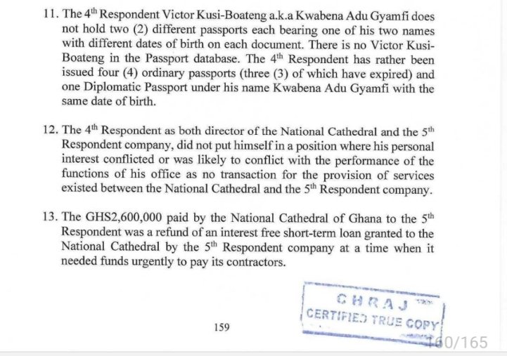 BBSimons's tweet photo. Journalists and the public should read the CHRAJ report carefully. It did not rule on the double identity issue regarding the secretary to the National  Cathedral board. 

The issues before CHRAJ were very specific: 
1. Did the Secretary have PASSPORTS in different names;
2. Did the soft loan he gave to the National Cathedral amount to a conflict of interest situation.

CHRAJ said, no, in both cases.

However, CHRAJ did not address the issues of:

A. Whether multiple identities can be discerned from the different FORMS of ID, beyond the passport, held by the Secretary. The other IDs in evidence included the driver's license and Ghana Card, etc. The High Court ruled earlier that these different IDs do indeed bear different names.

B. Whether a company whose objects are strictly talent and skills development could win contracts in healthcare etc and make money to lend out as soft loans to a company owned by the government. 

C. Whether a state owned company can borrow money from a private company without following standard corporate practices (such as a basic loan agreement) considering that such debt becomes part of publicly guaranteed debts.

These matters were NOT BEFORE CHRAJ and were not determined even though evidence relevant to these issues surfaced in the investigations.