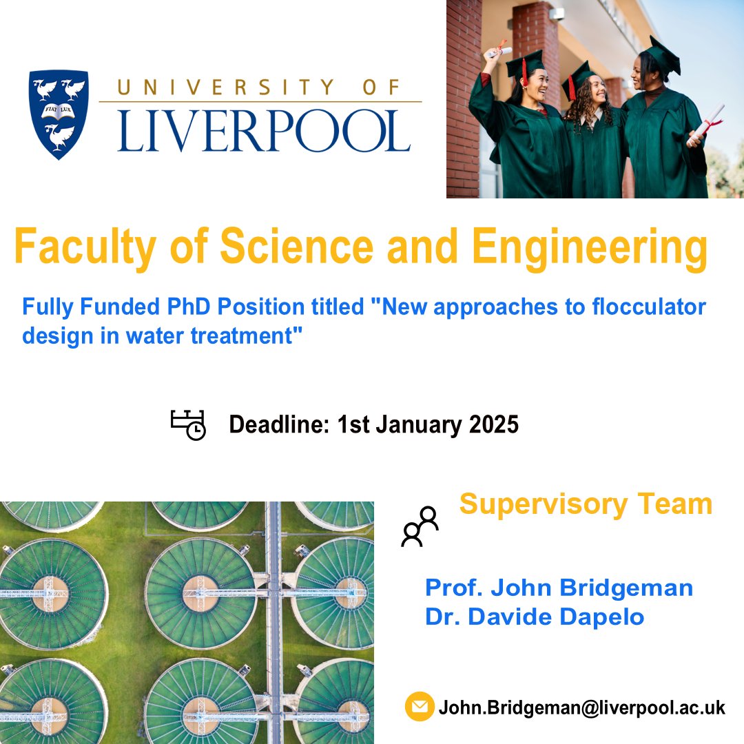 PhdScanner's tweet image. 🔃Fully Funded 📢📢 #phdposition alert
✅Passionate about #engineering #computation #fluiddynamics
✅ Rare upto 3⃣.5⃣ years fully funded, #PhDposition within the Faculty of Science and Engineering @LivUni
📌This #phdproject is titled "New approaches to #flocculator design in…