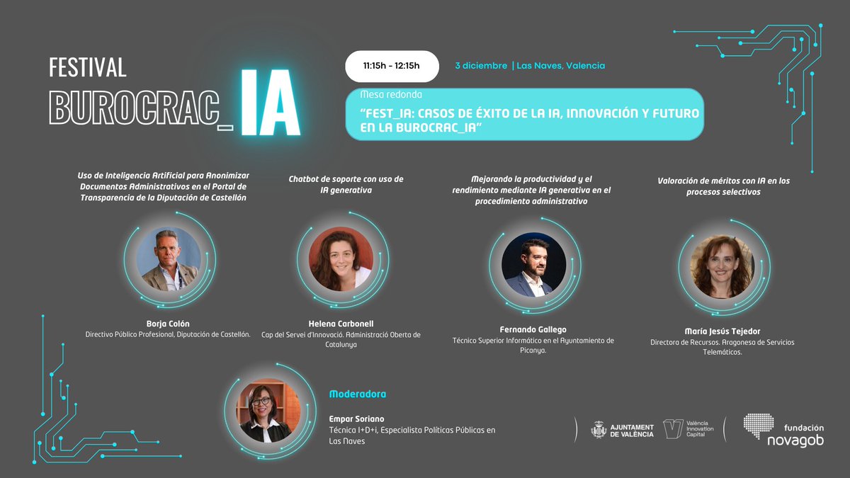novagob's tweet photo. ⏰ A partir de las 11:15h seguiremos conociendo más casos de éxito en la implementación de la IA con:

🔹 @borjacolon, @dipcas
🔹 @hcabuti, @ConsorciAOC 
🔹 @fergalfsr, @aPicanya
🔹 Mª Jesús Tejedor, @tuitAST 
🔹Modera: @EmparSoriano, @VLCILab

#FestBurocrac_IA

👇 https://t.co/rw7E7nwGDG