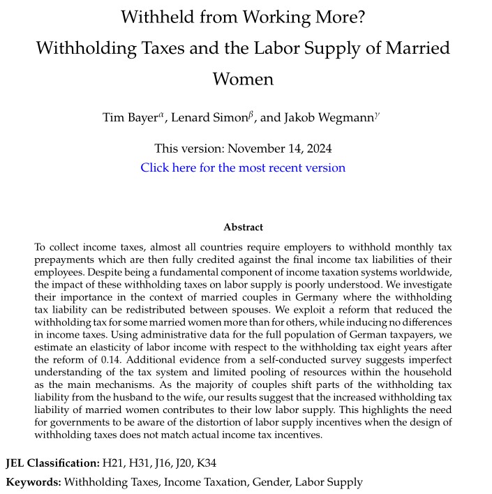 🎉Thrilled to share my #JMP🎉

It provides a missing piece to understand how people react to income taxation.

Tldr: By changing tax pre-payments governments can - with almost no costs - increase perceived work incentives of secondary earners.  

Thread👇🧵 #EconTwitter