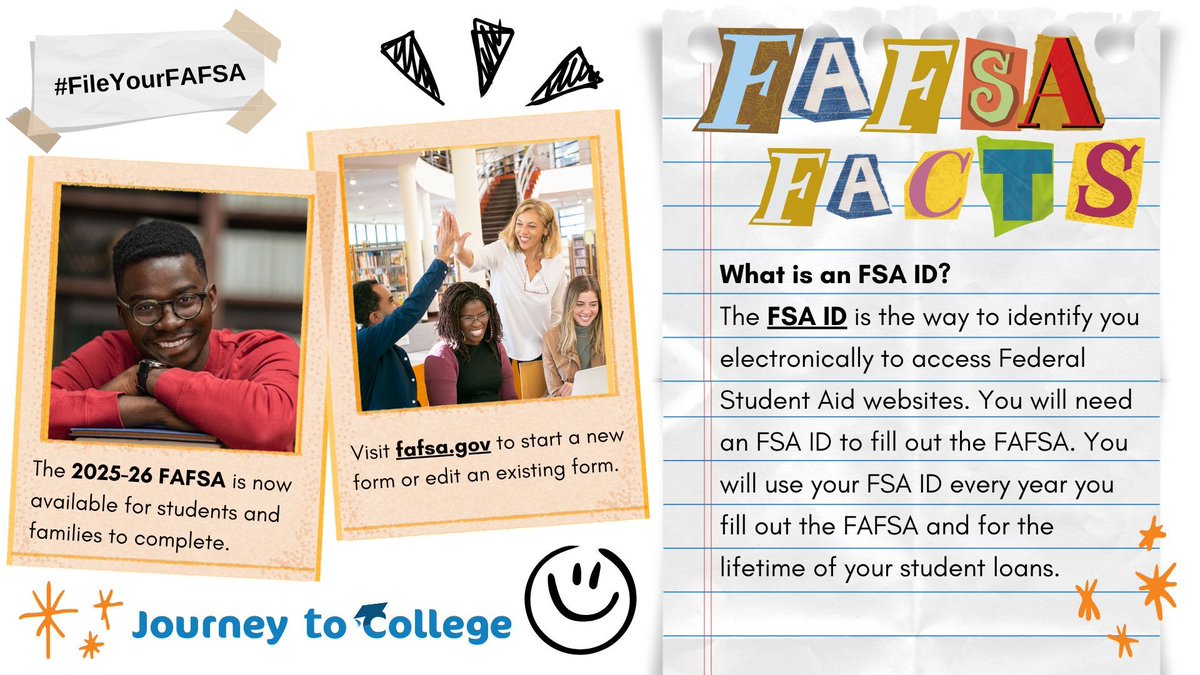 FAFSA FACTS!📚🎓 An FSA ID is needed to identify you electronically for Federal Student Aid websites. You'll need it to fill out the FAFSA each year and for the lifetime of your student loans. 

Learn more: buff.ly/3Zqmqj6