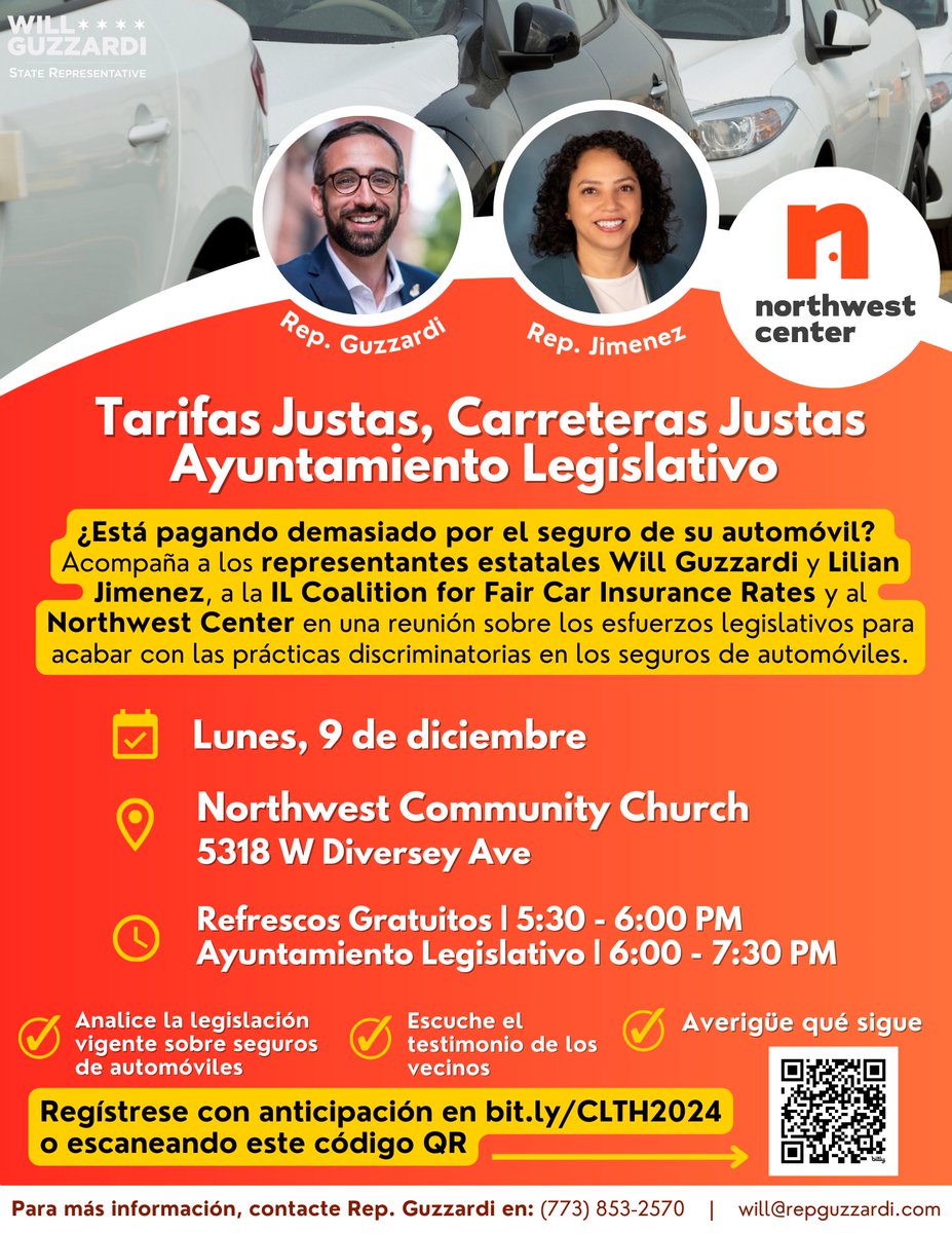 RepGuzzardi39's tweet image. 🚗💬Are you paying too much for car insurance? Join State Reps Guzzardi &amp;amp; Jimenez, the IL Coalition for Fair Car Insurance Rates, &amp;amp; Northwest Center for a Town Hall on legislative efforts to stop discriminatory car insurance practices!
📆Monday, 12/9
⏰6:00PM
📍5318 W. Diversey