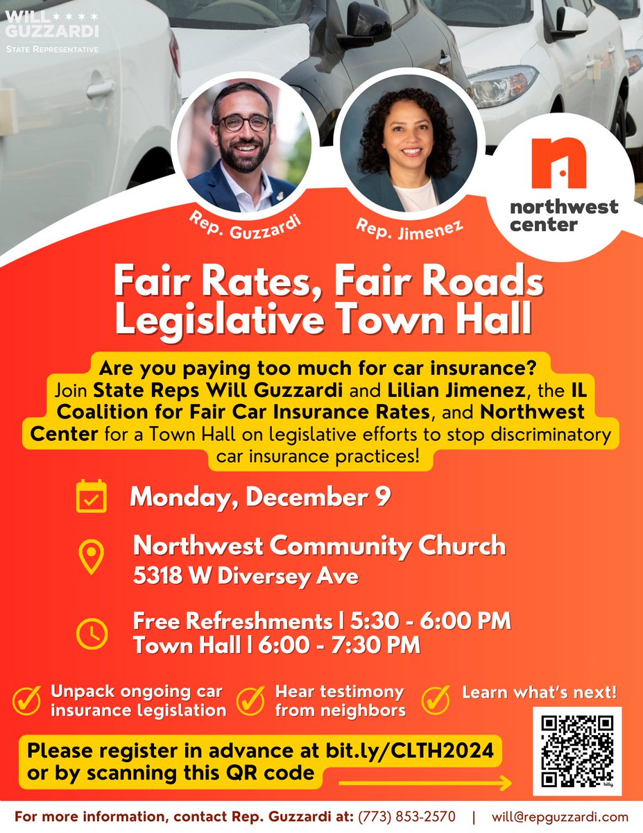 RepGuzzardi39's tweet image. 🚗💬Are you paying too much for car insurance? Join State Reps Guzzardi &amp;amp; Jimenez, the IL Coalition for Fair Car Insurance Rates, &amp;amp; Northwest Center for a Town Hall on legislative efforts to stop discriminatory car insurance practices!
📆Monday, 12/9
⏰6:00PM
📍5318 W. Diversey