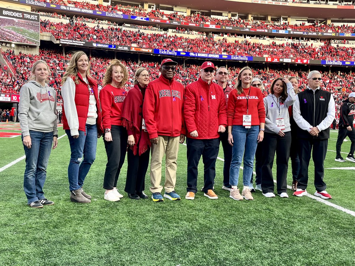 Big win for the Huskers Saturday! 🏈 Interim UNMC Chancellor <a href="/DeleDaviesMD/">H. Dele Davies, MD, MS, MHCM</a>, <a href="/UofNE_President/">Jeffrey P. Gold, M.D.</a> Dr. Jeffrey P. Gold, <a href="/DrJoannSweasy/">Joann Sweasy</a> and members from the <a href="/BuffettCancer/">Fred & Pamela Buffett Cancer Center</a> and <a href="/NebraskaMed/">Nebraska Medicine</a> cheered on the team while raising pancreatic cancer awareness. 💜