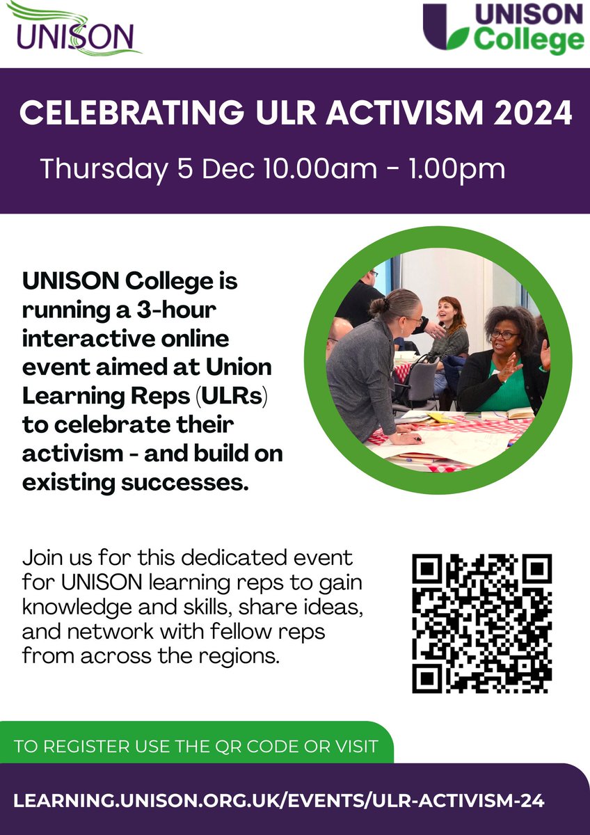 Calling all Union Learning Reps! 📢 

Join our interactive online event on Thurs 5 Dec - to celebrate your amazing activism &amp; successes

Gain knowledge and skills, share ideas, and network with fellow reps from across the regions

To register &amp; more info:
learning.unison.org.uk/events/ulr-act…