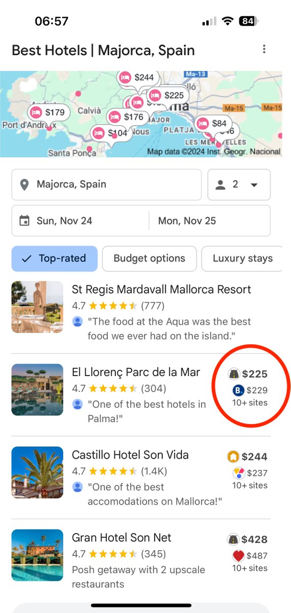 Lluc_SEO's tweet photo. Google is testing showing several prices on hotel listings on the hotel local pack. https://t.co/q9vWNTIejR