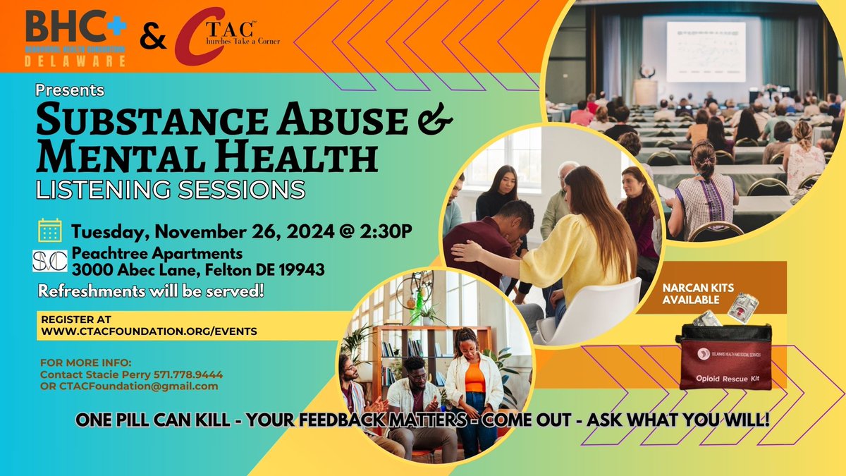 bhcdelaware's tweet photo. Are you busy tomorrow afternoon? Join us in Felton, DE, at 2:30 pm for our Substance Abuse &amp; Mental Health Listening Session. We want to hear from you! 
Register now at https://t.co/63MFoxYpiB https://t.co/EHQLXWSYar