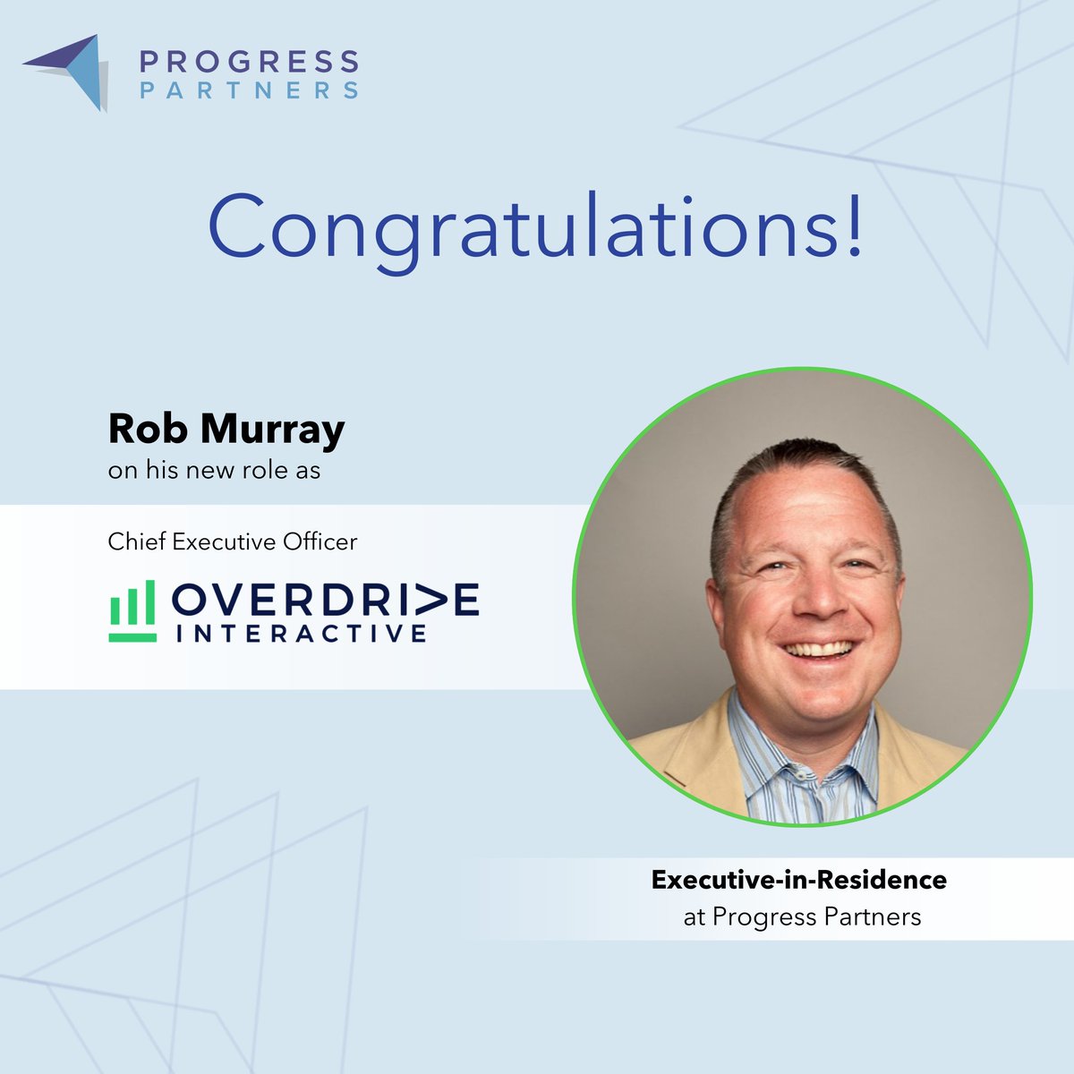 The Progress Partners team is thrilled to congratulate our EIR Robert Murray on his new role as Chief Executive Officer of Overdrive Interactive! We couldn't be happier to be a part of your professional journey!💡