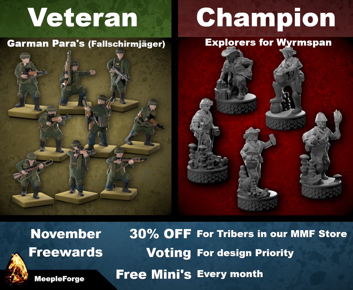Final few days to receive these Awesome STLs by joining our Tribe before the end of October.
- Champion Tribers receive STL's For Explorers for Wyrmspan
- Veteran Tribers receive STL's For German Paras
Join now and vote for what I work on during December.
myminifactory.com/users/meeplefo…