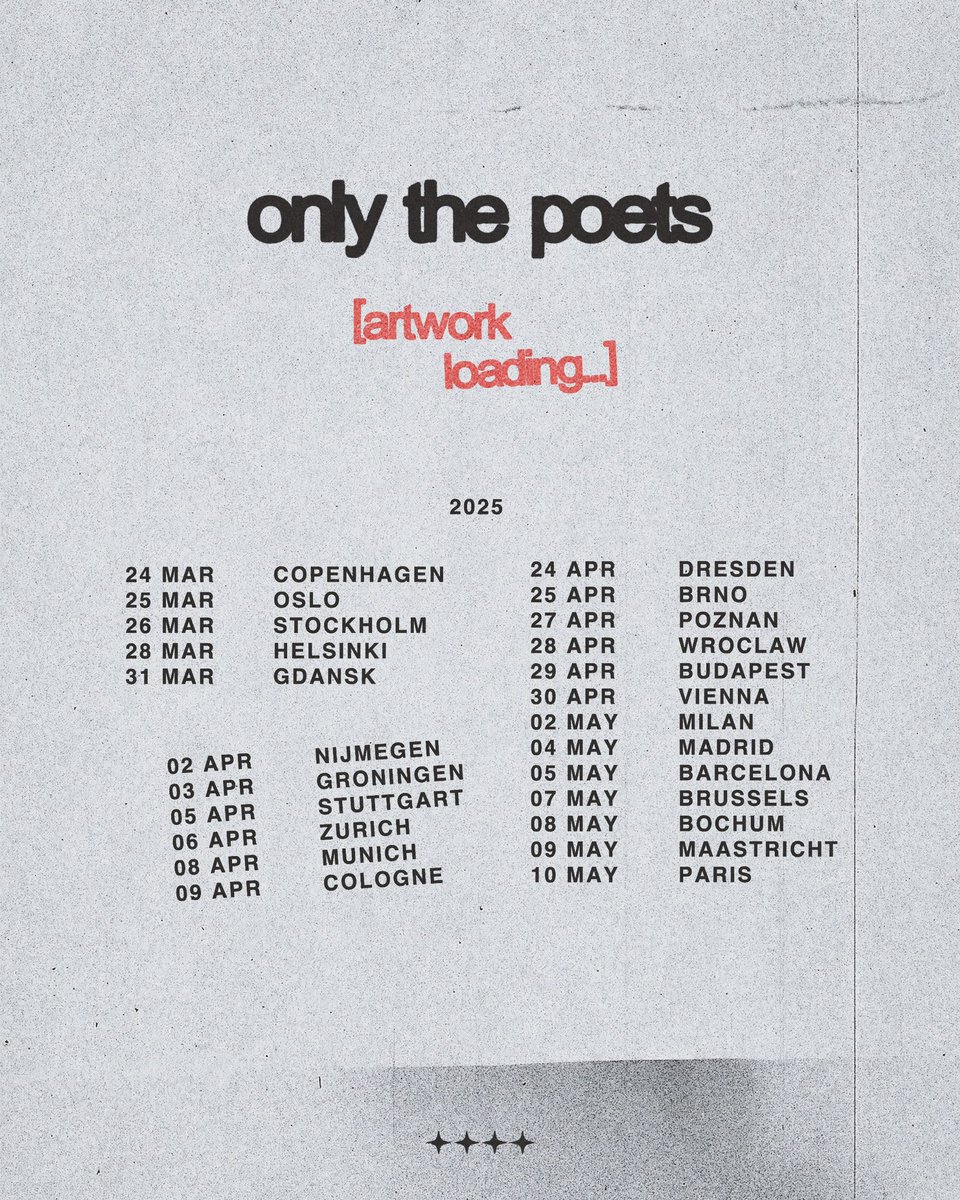 onlythepoetsuk's tweet photo. 2025 Tour. Visiting lots places we’ve never been to or rarely get to go to.

New Songs, Old Songs. We promise you the best show we’ve ever put on. 

We hope you can join us.

Register in usual places for pre-sale 
Pre-sale Dec 3 10am local time https://t.co/JxqX1ndPcM