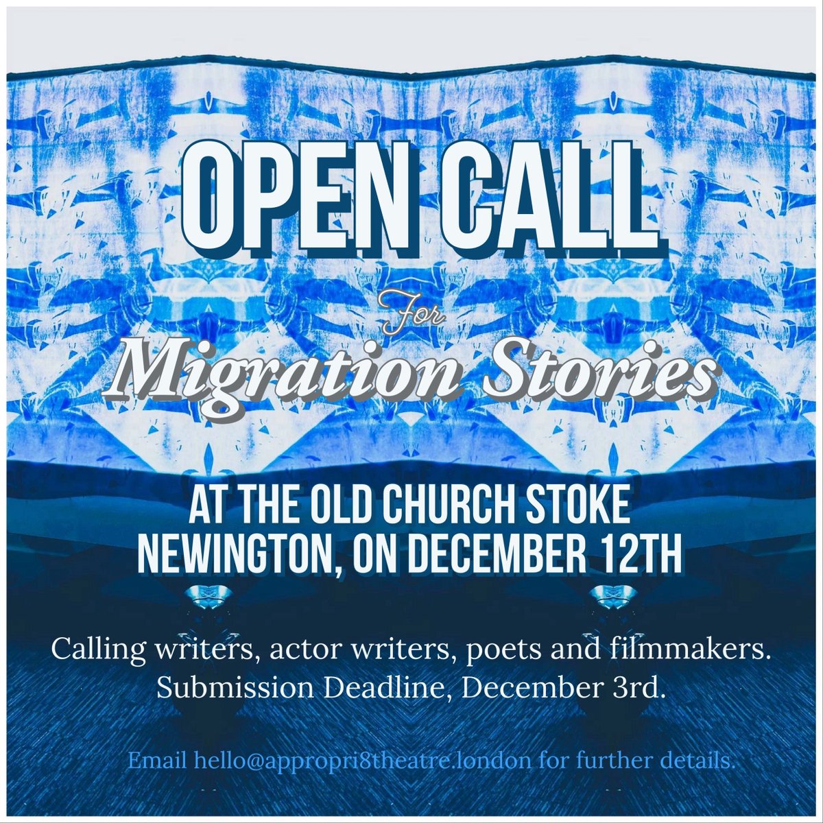 Are you a writer, actor writer, poet, filmmaker or artist?  Do you make work on the subject of women,  migration and cities? Would you like an opportunity to share your work in progress?
Submit for  Migration Stories - an  evening of scratch performances at The Old Church Stokey.