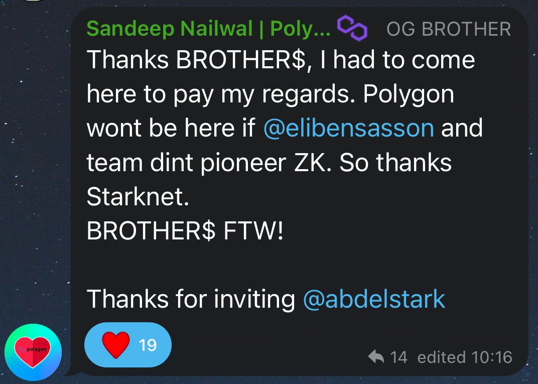 Vlad 🚧🔨 (@starkdegenz) on Twitter photo So <a href="/StarknetBro/">₿ROTHER</a> has <a href="/blknoiz06/">Ansem</a> <a href="/VitalikButerin/">vitalik.eth</a> <a href="/sandeepnailwal/">Sandeep | CEO, Polygon Foundation (※,※)</a>
And many more respected and known figures … who’s next ? <a href="/MustStopMurad/">Murad 💹🧲</a> ?
BROTHERCYCLE (REAL) … might have to take off those () soon. So <a href="/StarknetBro/">₿ROTHER</a> has <a href="/blknoiz06/">Ansem</a> <a href="/VitalikButerin/">vitalik.eth</a> <a href="/sandeepnailwal/">Sandeep | CEO, Polygon Foundation (※,※)</a>
And many more respected and known figures … who’s next ? <a href="/MustStopMurad/">Murad 💹🧲</a> ?
BROTHERCYCLE (REAL) … might have to take off those () soon.