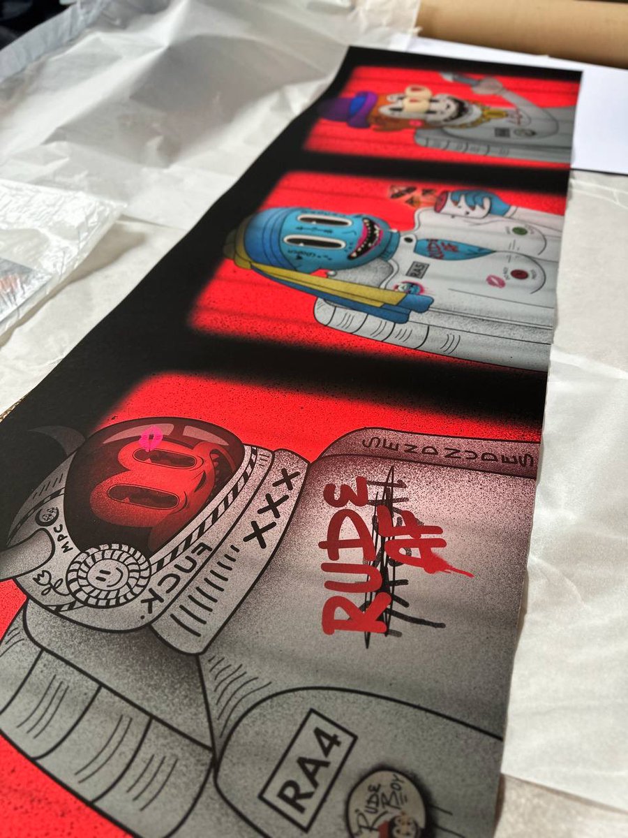 CollectionRude's tweet photo. Not all NFTs are built the same &amp; this right here is just insane!

3 of the #AstroDam NFTs were printed together to create the whole scene.

Printed on gallery quality, Bamboo paper, 48 inches x 16 inches of pure magic. 

Even the @xrpcafe mug has been hijacked in the traits 🍄☕️ https://t.co/qbL8W4EyZ3