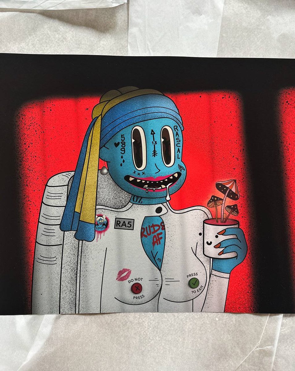 CollectionRude's tweet photo. Not all NFTs are built the same &amp; this right here is just insane!

3 of the #AstroDam NFTs were printed together to create the whole scene.

Printed on gallery quality, Bamboo paper, 48 inches x 16 inches of pure magic. 

Even the @xrpcafe mug has been hijacked in the traits 🍄☕️ https://t.co/qbL8W4EyZ3