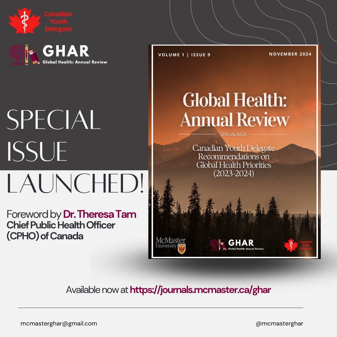 🚨 The GHAR has launched its Special Issue—a collaboration with the 2023 Canadian Youth Delegate <a href="/WHAcanadianyou1/">Canadian Youth Delegate</a>, Toby Le, featuring insights from youth across 🇨🇦 on global health topics🌍
📖 Read the full issue here: journals.mcmaster.ca/ghar/issue/vie…
#GlobalHealth #YouthVoices #Canada