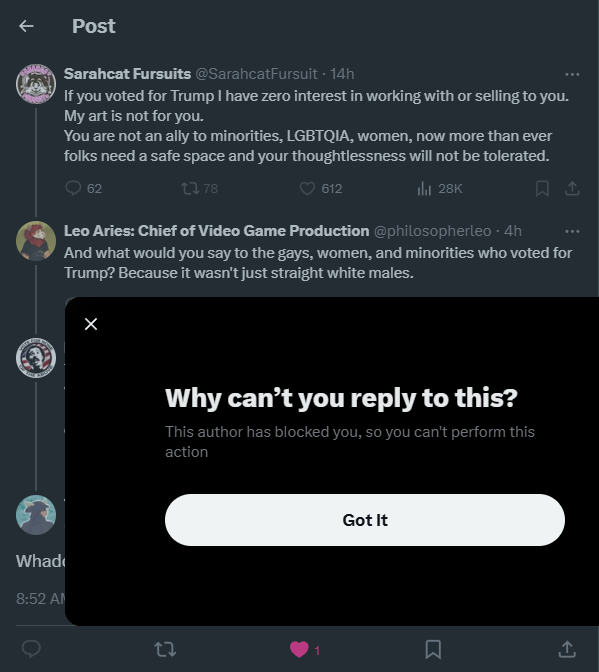 Apparently if OP blocks you you can't reply to the other people in the thread now. <a href="/x/">X</a> <a href="/elonmusk/">Elon Musk</a> This is retarded. I should be able to reply to the dudes I follow regardless of whether or not OP sees it.