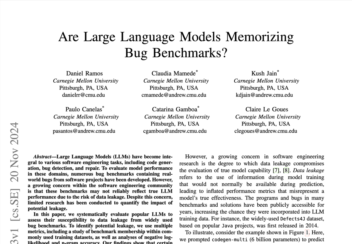 🚨 Are Large Language Models Memorizing Bug Benchmarks? 🚨 
There’s growing concern that LLMs for SE  are prone to data leakage, but no one has quantified it... until now. 🕵️‍♂️ We measured leakage in benchmarks like Defects4J, and SWEBenchLite.

arxiv.org/pdf/2411.13323 
Findings👇