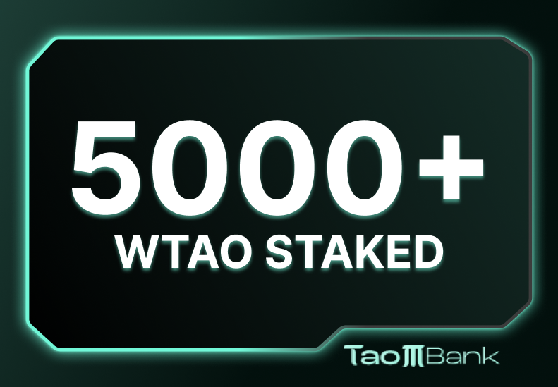 taobnk's tweet photo. We told you it was going to be a big week!

🐳 Thanks to some new whales, we've surpassed 5,000 wTAO staked on our platform.

📈 With TAO at $500+, that's almost $3M in wTAO TVL.

As the largest wTAO staker, we appreciate you trusting us to unlock the full power of your $TAO. https://t.co/MXdnwFx9Vb