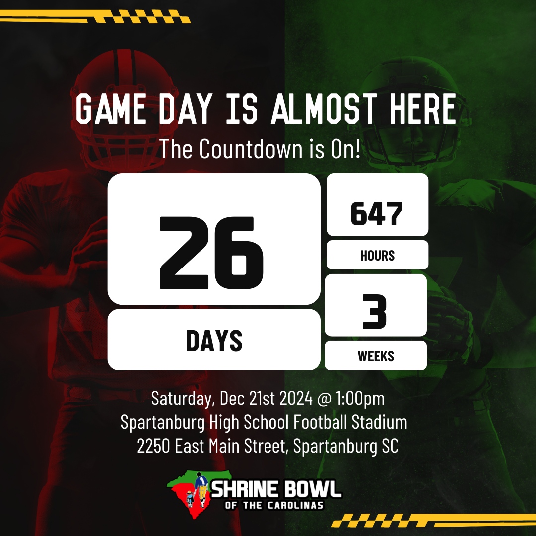 The countdown is on! ⏳ Only 26 days until the big game! Are you ready? 

#ShrineBowlOfTheCarolinas #ShrineBowl #NC #SC