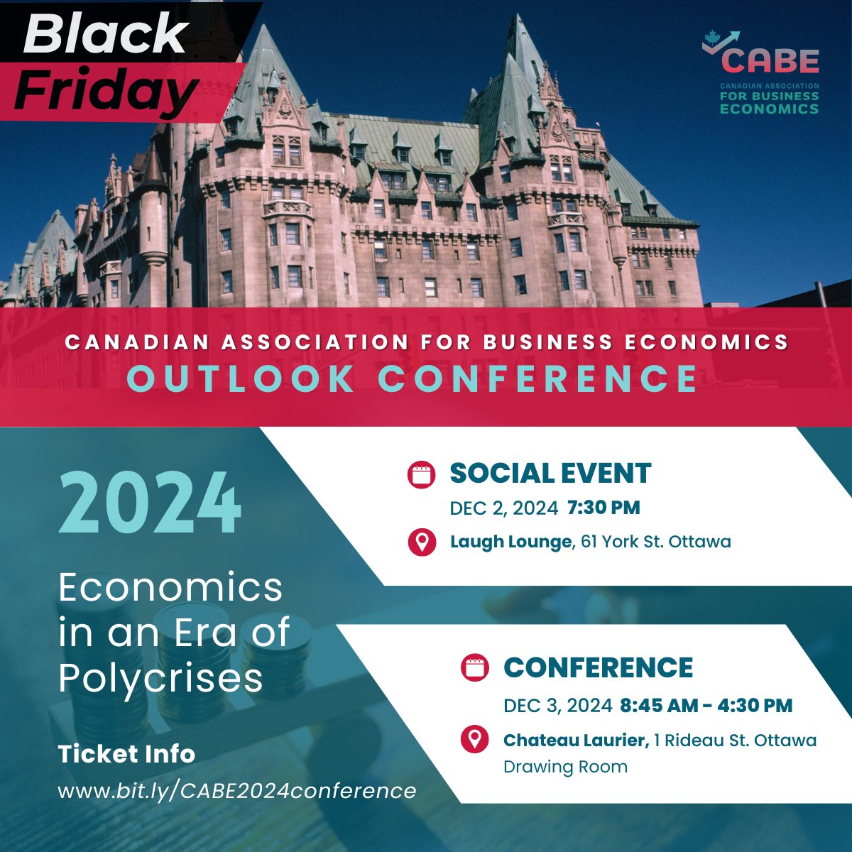 Our #BlackFriday event is here! Deep discounts for our "𝐖𝐡𝐚𝐭 𝐡𝐚𝐩𝐩𝐞𝐧𝐬 𝐚𝐟𝐭𝐞𝐫 𝐍𝐨𝐯𝐞𝐦𝐛𝐞𝐫 𝟓" Economic Outlook conference, packed with great speakers, insights &amp; laughter! Register for the best bargain of your #cdnecon season! bit.ly/CABE2024confer…
