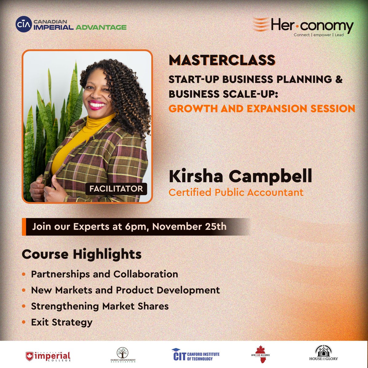Join us at 6 PM via Zoom as Kirsha Campbell guides you through exploring business partnerships, entering new markets, developing products, strengthening market shares, and crafting the perfect exit strategy. 📊🚀

🔗 Make sure to use the Entrepreneurship Zoom link in your email