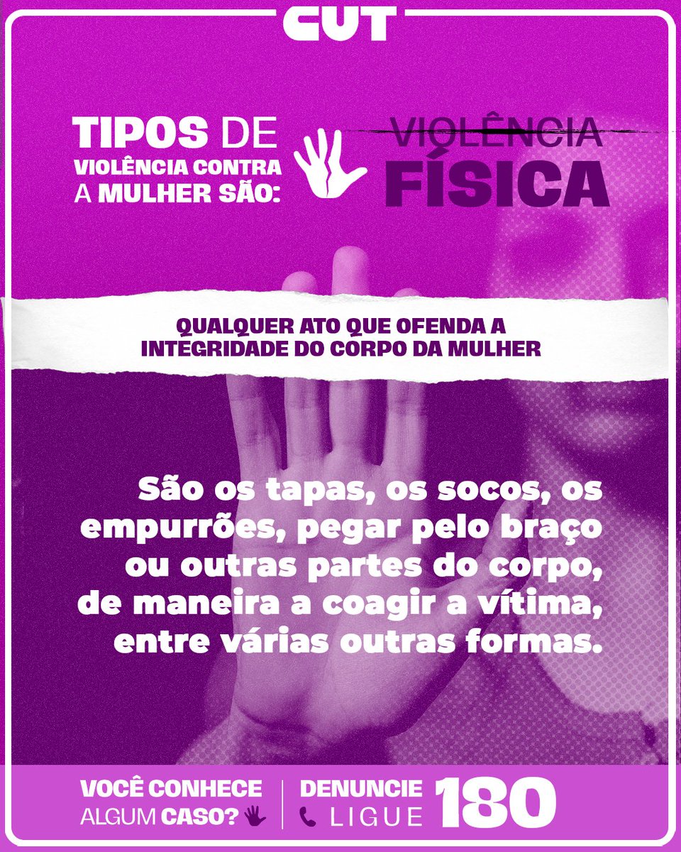 CUT_Brasil's tweet photo. 🚨 VIOLÊNCIA CONTRA A MULHER: DENUNCIE! 🚨Não se cale diante da violência. Sua voz pode salvar vidas! 💜 📱 Disque 180 - Central de Atendimento à Mulher #NãoSeCale #DenuncieViolencia #Disque180 https://t.co/UjcIN6amB5