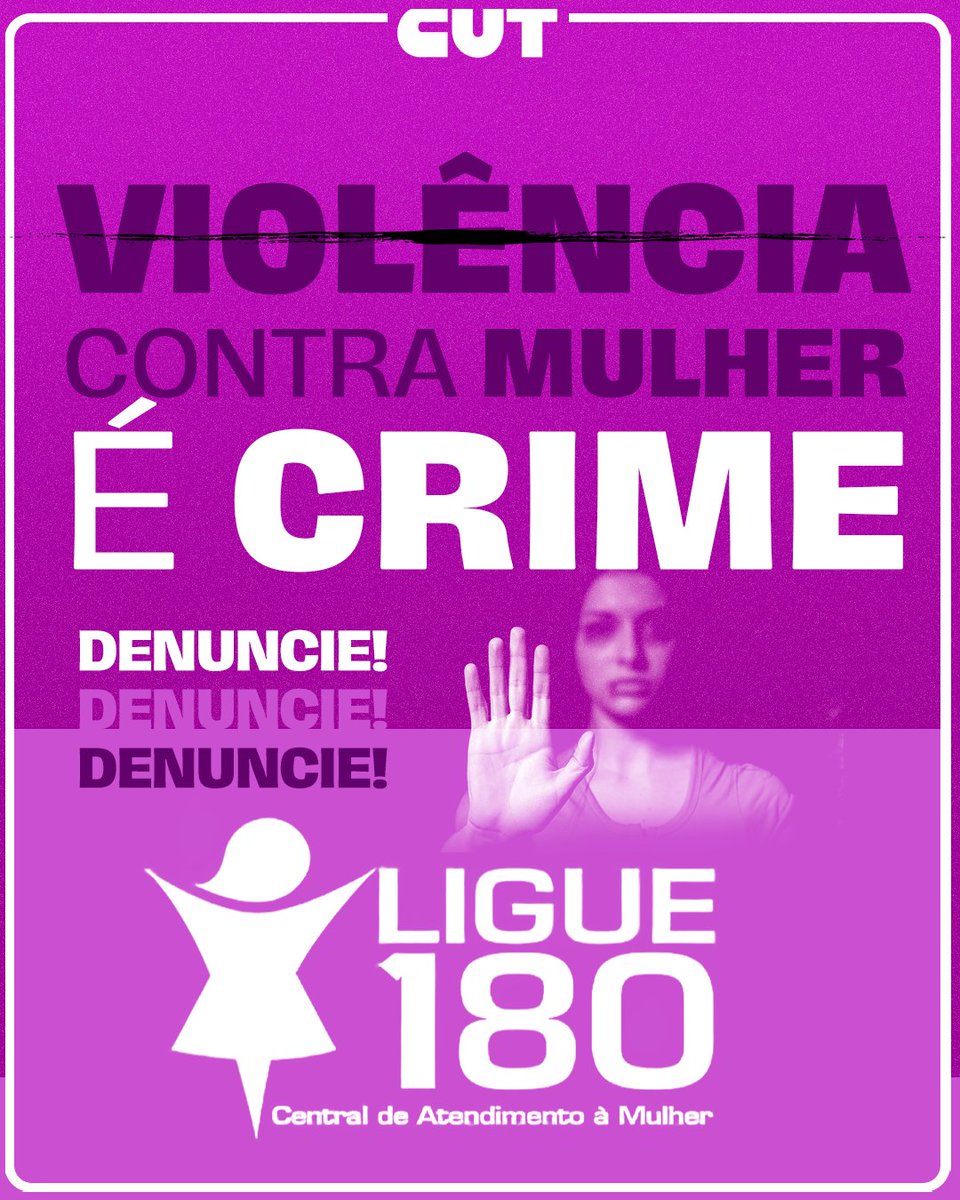 CUT_Brasil's tweet photo. 🚨 VIOLÊNCIA CONTRA A MULHER: DENUNCIE! 🚨Não se cale diante da violência. Sua voz pode salvar vidas! 💜 📱 Disque 180 - Central de Atendimento à Mulher #NãoSeCale #DenuncieViolencia #Disque180 https://t.co/UjcIN6amB5