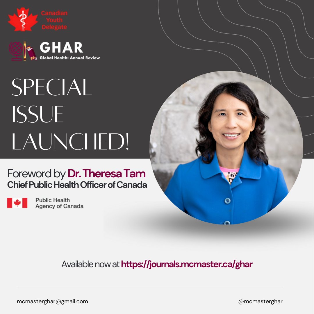 <a href="/WHAcanadianyou1/">Canadian Youth Delegate</a> <a href="/McMasterU/">McMaster University</a> <a href="/machealthsci/">McMaster Health Sciences</a> <a href="/GovCanHealth/">Health Canada and PHAC</a> <a href="/PHAC_GC/">Public Health PHAC</a> <a href="/TobyLe123/">Toby Le</a> This special issue includes a foreword by Dr. Theresa Tam, Chief Public Health Officer of Canada <a href="/PHAC_GC/">Public Health PHAC</a> , emphasizing the critical role of youth in shaping the future of public health and health equity. 🩺🇨🇦

📖 Available now at: journals.mcmaster.ca/ghar/issue/vie…
#GlobalHealth #Canada