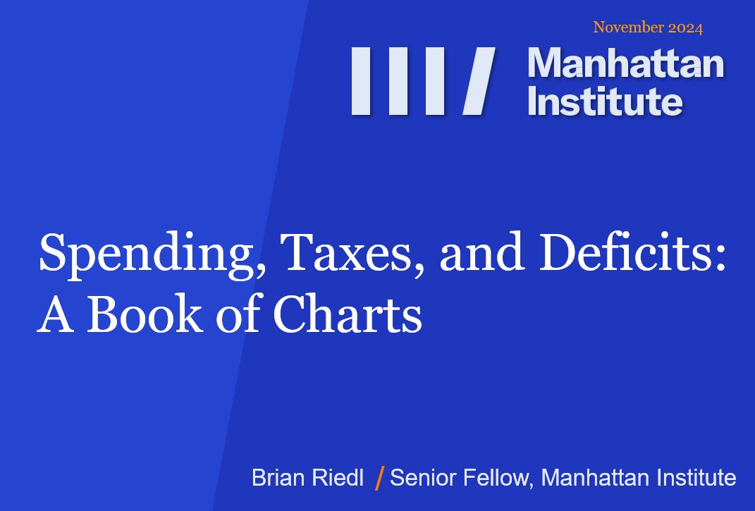 JessicaBRiedl's tweet image. NEW from me: I recently released the 2024 version of my budget chart book - packed with 136 pages of charts on spending, taxes, deficits, and debt that defy conventional wisdom. Impress people at parties, download here: 🧵manhattan.institute/article/2024-c…
