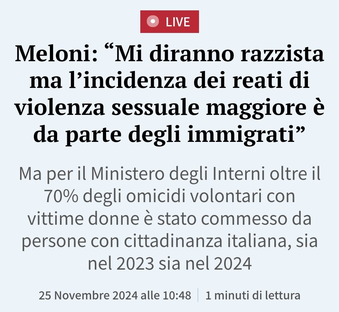 fawollo13's tweet photo. Nella #Giornatacontrolaviolenzasulledonne nella quale il patriota #impagnatiello è stato condannato alla pena dell'ergastolo e per l'ariano italico #Turetta è stata chiesta la stessa pena, la Meloni riesce a dare la colpa dei femminicidi ai migranti. Ma non è razzista. È stronza. https://t.co/V6uXWu8YGn