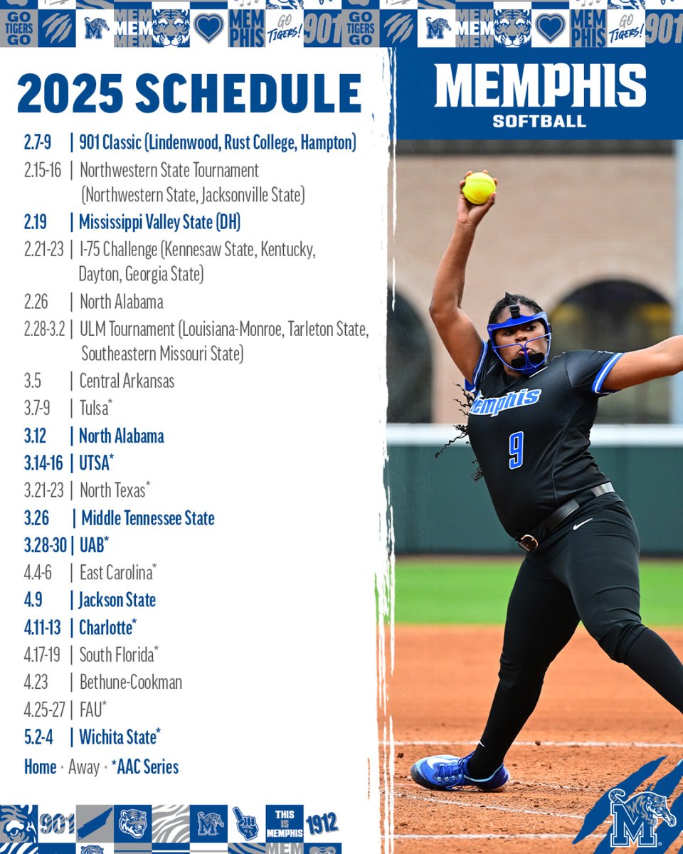Memphis Softball (@memphissoftball) on Twitter photo ๐๏ธ ๐๐๐ซ๐ค ๐๐ก๐จ๐ฌ๐ ๐๐๐ฅ๐๐ง๐๐๐ซ๐ฌ ๐๏ธ
The Spring 2025 schedule is live with all 54 games, all beginning with the 901 Classic here in Memphis! โ๏ธ
#GoTigersGo ๐๏ธ ๐๐๐ซ๐ค ๐๐ก๐จ๐ฌ๐ ๐๐๐ฅ๐๐ง๐๐๐ซ๐ฌ ๐๏ธ
The Spring 2025 schedule is live with all 54 games, all beginning with the 901 Classic here in Memphis! โ๏ธ
#GoTigersGo