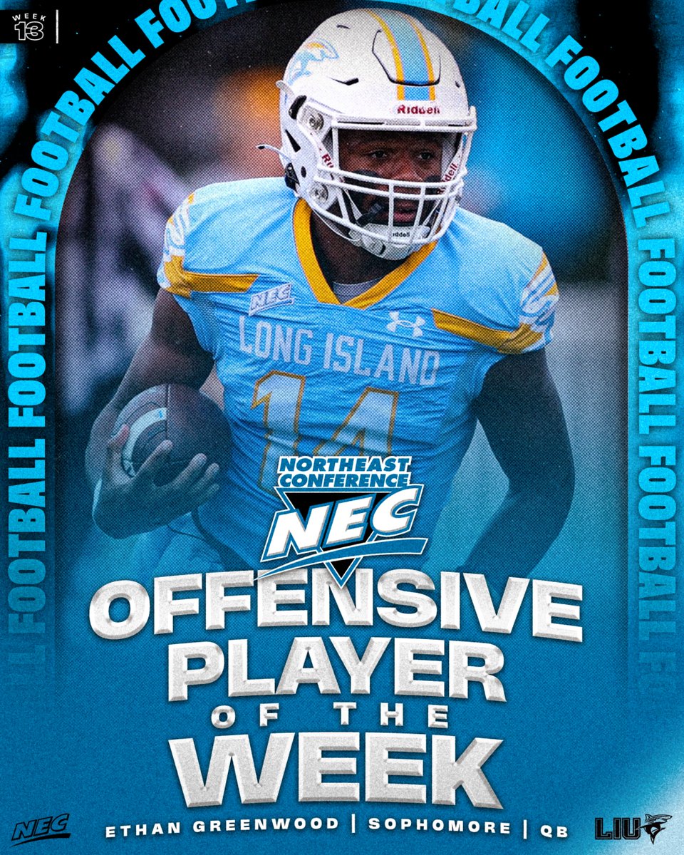 NEC Football (@necfootball) on Twitter photo 🏈🏅 The #NECFB Offensive of the Week is ᴇᴛʜᴀɴ ɢʀᴇᴇɴᴡᴏᴏᴅ from <a href="/LIUAthletics/">LIU Athletics</a> ‼️
» Had 3️⃣ TDs (2️⃣ TD rushes, 1️⃣ TD reception) in LIU's 35-28 win vs. Wagner
» Had a season-long 6️⃣4️⃣ yard TD catch
» Ran for 1️⃣3️⃣3️⃣ yards
» This is his 2nd #NECOPOW award
#NECelite 🏈🏅 The #NECFB Offensive of the Week is ᴇᴛʜᴀɴ ɢʀᴇᴇɴᴡᴏᴏᴅ from <a href="/LIUAthletics/">LIU Athletics</a> ‼️
» Had 3️⃣ TDs (2️⃣ TD rushes, 1️⃣ TD reception) in LIU's 35-28 win vs. Wagner
» Had a season-long 6️⃣4️⃣ yard TD catch
» Ran for 1️⃣3️⃣3️⃣ yards
» This is his 2nd #NECOPOW award
#NECelite
