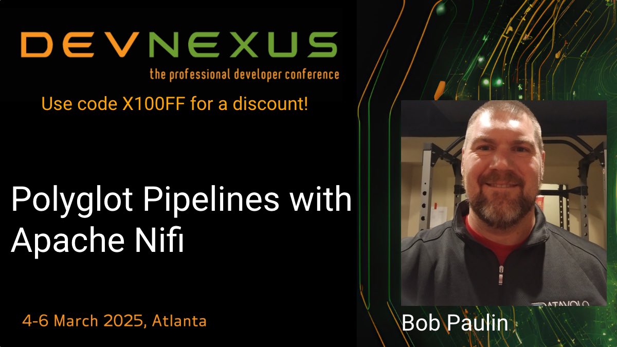 Devnexus (@devnexus) on Twitter photo Make sure you catch <a href="/bobpaulin/">Bob Paulin</a>’s session at Devnexus! This talk will cover building polyglot data pipelines on Apache Nifi 💥
devnexus.com/presentations/…
Spaces are limited so get tickets now to attend this awesome event!
🎟️- devnexus.com
X100OFF - discount 👀 Make sure you catch <a href="/bobpaulin/">Bob Paulin</a>’s session at Devnexus! This talk will cover building polyglot data pipelines on Apache Nifi 💥
devnexus.com/presentations/…
Spaces are limited so get tickets now to attend this awesome event!
🎟️- devnexus.com
X100OFF - discount 👀