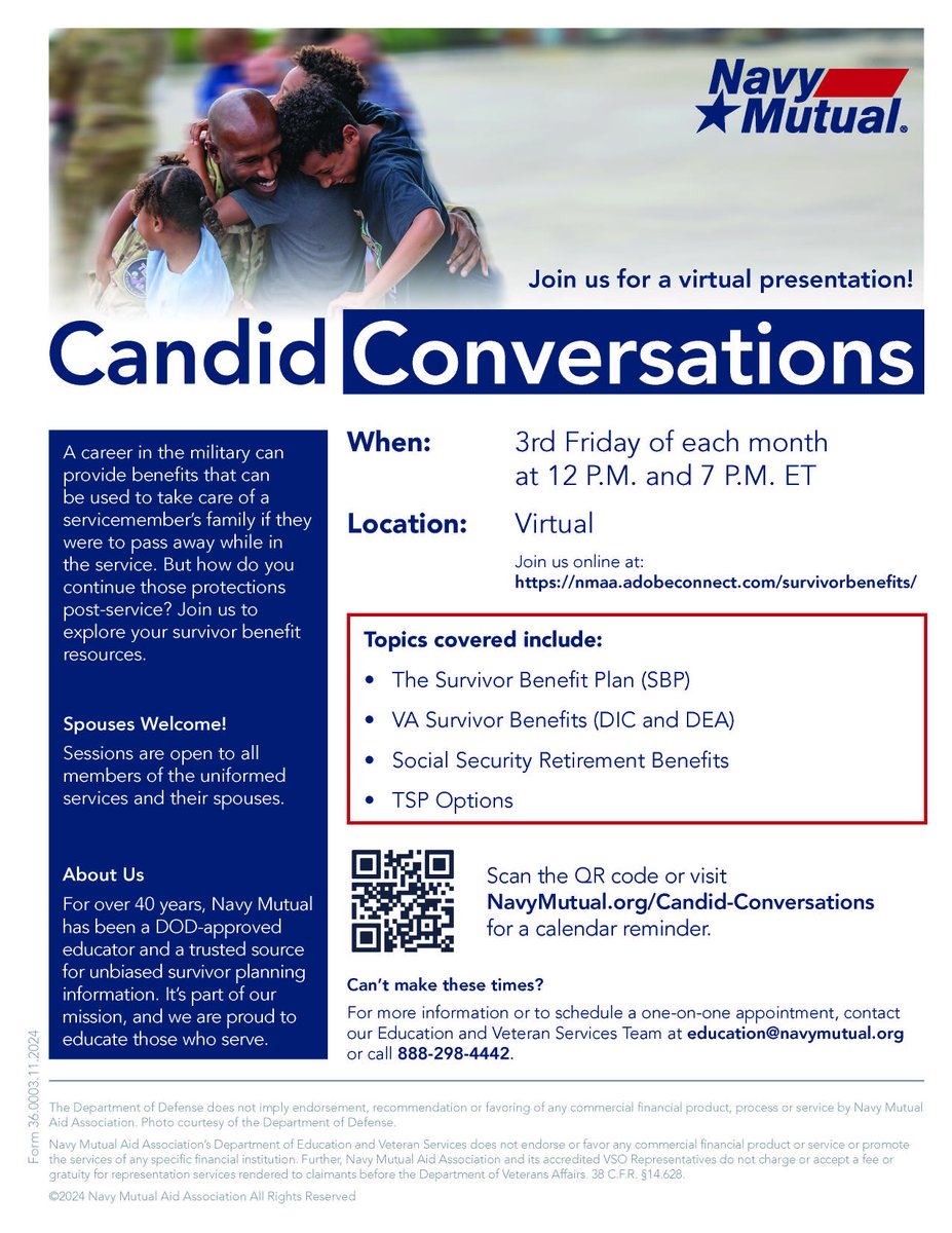 NavyMutual's tweet photo. Learn about your post-service survivor benefits by joining our Candid Conversations! Servicemembers, veterans, and spouses are all welcome.

Contact our team with any questions. 

https://t.co/I4zJbxuFGP https://t.co/ZMDf9ERT63