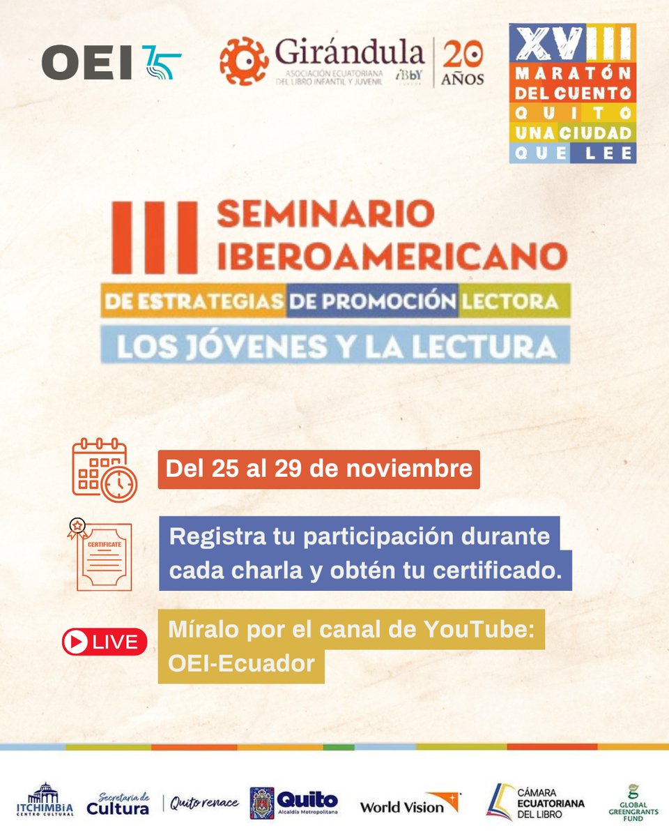 Conoce la agenda de hoy, del III Seminario de Estrategias de Promoción Lectora. 

🗓️Del 25 al 29 de noviembre.👦👧
📄¡Obtén tu certificado al participar en las transmisiones!
🔴 Mira el evento por nuestro canal de #YouTube: OEI-Ecuador.

<a href="/MaratonCuento/">Maraton Cuento</a> <a href="/girandula_ibby/">Girándula</a> <a href="/EspacioOEI/">OEI</a>