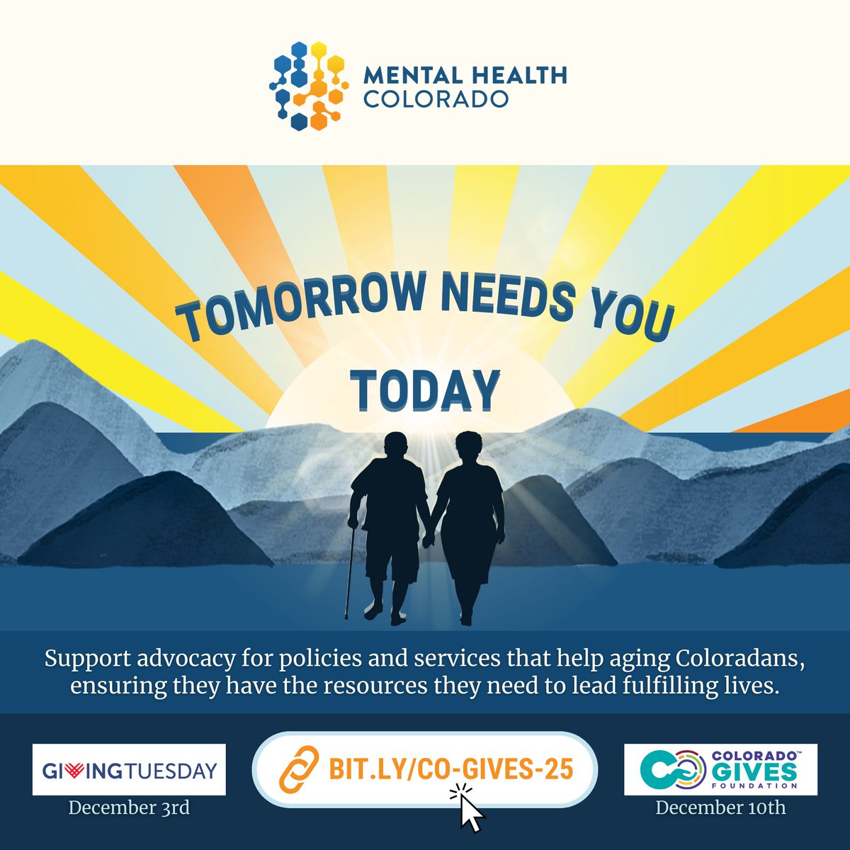 Ensure aging Coloradans have access to specialized care, leading to longer lives, lower costs, and improved well-being. 💙 Until 12/5, your donation will be matched. Tomorrow needs you today! 🔗 Donate at bit.ly/co-gives-25. #COGivesDay #GivingTuesday #MentalHealth #Colorado