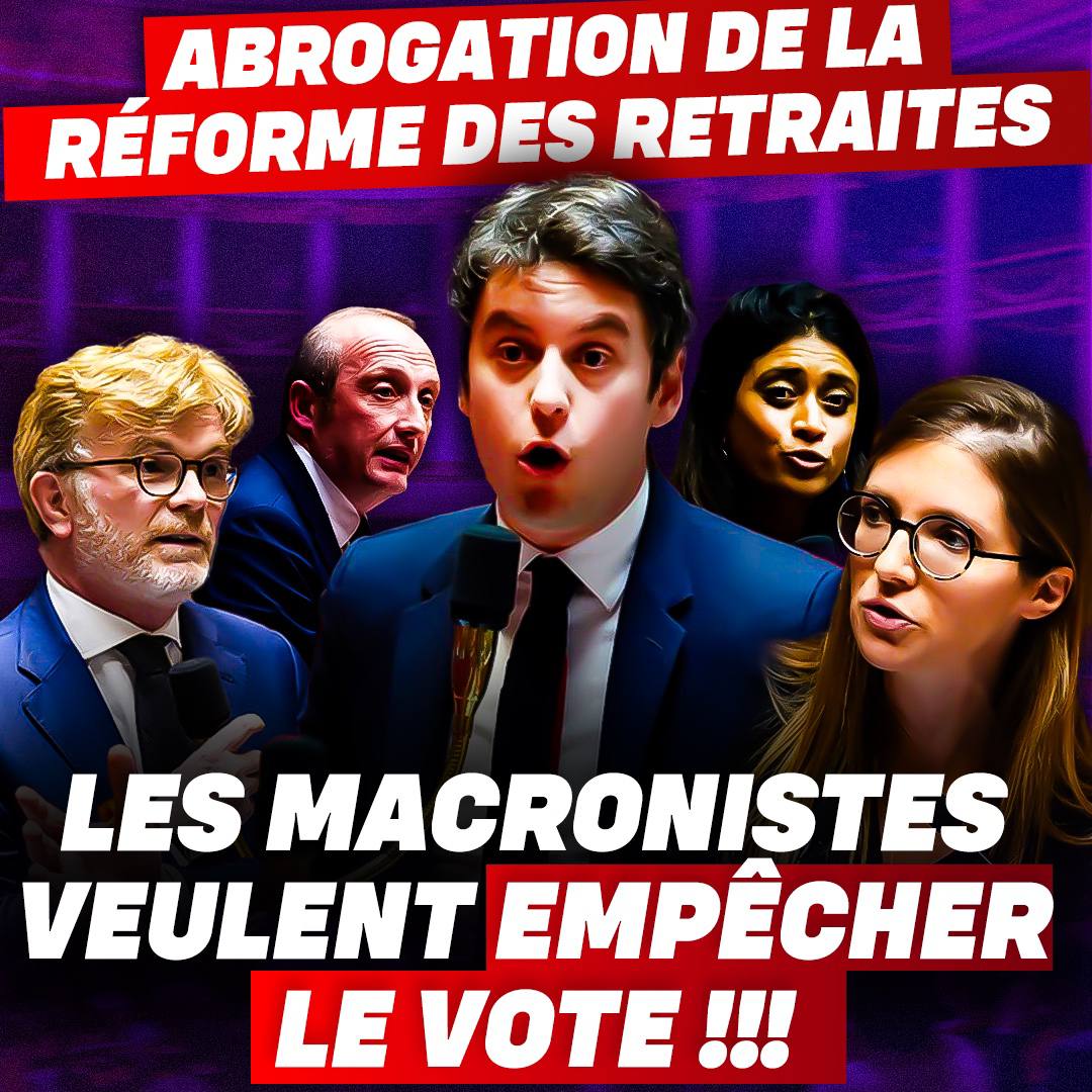 Il y a alerte.

Nous sommes sur le point d'abroger à l'Assemblée la réforme des retraites, jeudi, lors de notre niche parlementaire.

Les macronistes ont déposé près de 1000 amendements pour empêcher le vote.

C'est un scandale, faites le savoir.