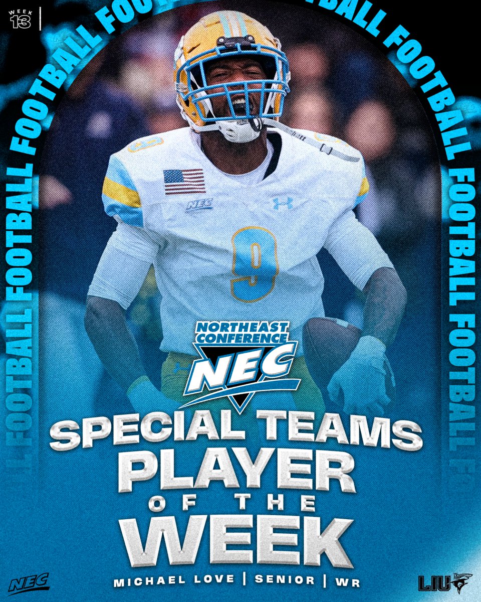 NEC Football (@necfootball) on Twitter photo 🏈🏅 The #NECFB Special Teams of the Week is ᴍɪᴄʜᴀᴇʟ ʟᴏᴠᴇ from <a href="/LIUAthletics/">LIU Athletics</a> ‼️
» Made it 🔙2️⃣🔙 games with a 90+ yard kickoff return in LIU's win vs. Wagner
» Returned a KO 9️⃣4️⃣ yards to the 🏡
» 1️⃣ of 4️⃣ FCS kick returners with ✌️ 94+ yard returns
#NECelite x #NECSTPOW 🏈🏅 The #NECFB Special Teams of the Week is ᴍɪᴄʜᴀᴇʟ ʟᴏᴠᴇ from <a href="/LIUAthletics/">LIU Athletics</a> ‼️
» Made it 🔙2️⃣🔙 games with a 90+ yard kickoff return in LIU's win vs. Wagner
» Returned a KO 9️⃣4️⃣ yards to the 🏡
» 1️⃣ of 4️⃣ FCS kick returners with ✌️ 94+ yard returns
#NECelite x #NECSTPOW