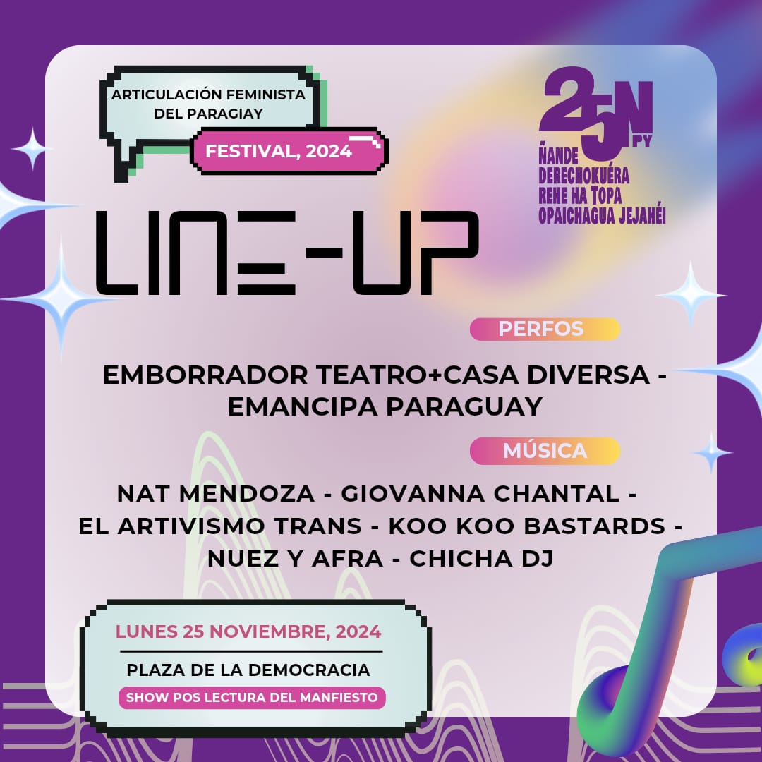 Te compartimos la lista de artistas de nuestro festival 🥳 empezamos con la lectura del manifiesto y terminamos con mucho baile 💃 🪩 🕺

Guarda esta publicación y compartile a tu amiga, así se quedan a festejar con nosotras la resistencia feminista. 💜