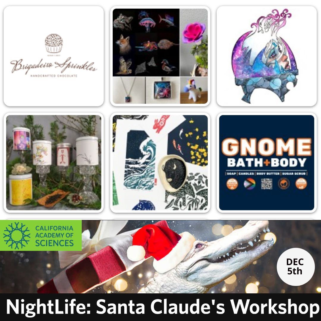 sfbazaar's tweet image. Join us next week for Nightlife! @CalAcademy NightLife events are an eclectic mix of science, music, and art. Join SF Bazaar as we co-host the annual Holiday NightLife gift shopping event called Santa Claude's Workshop!  Thursday, December 5th, 2024 from 6 PM-10 PM (21+ only)