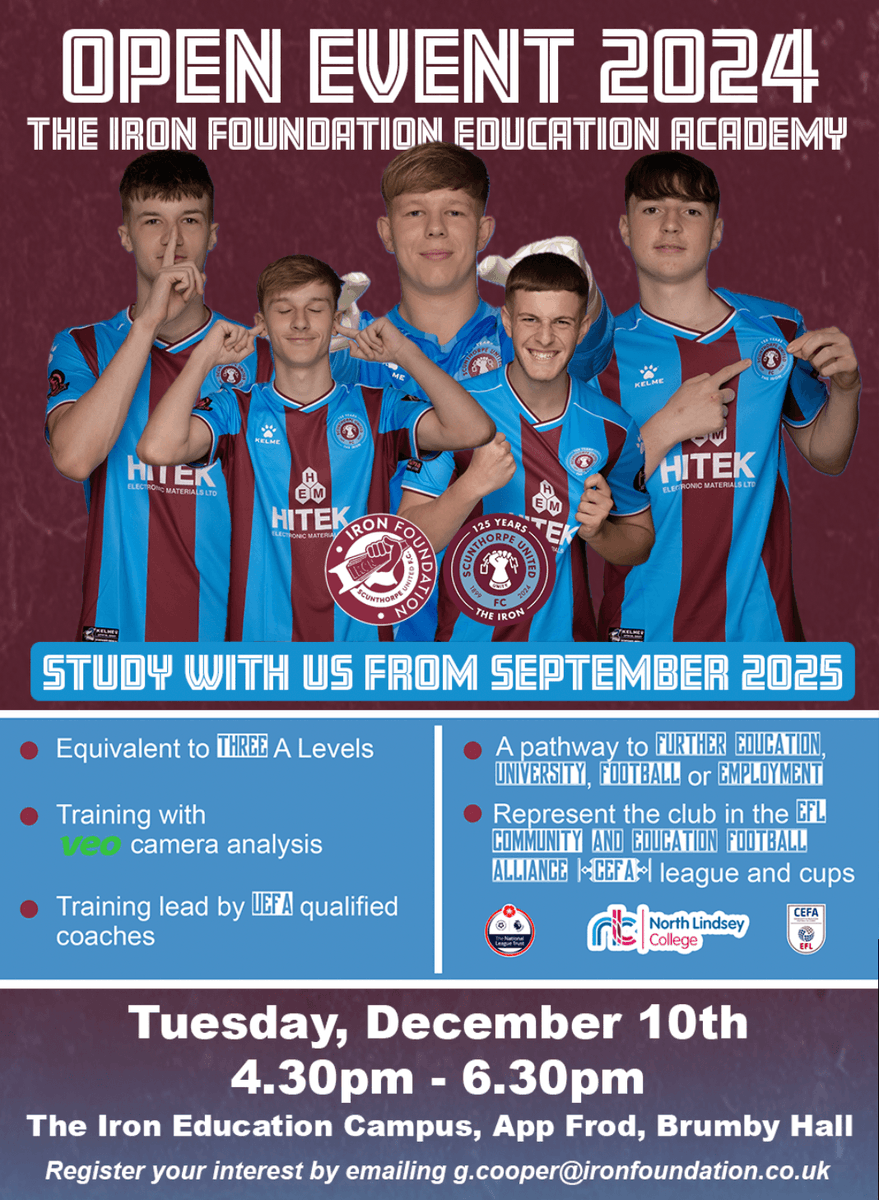 📅⚽ 𝐒𝐓𝐔𝐃𝐘 𝐖𝐈𝐓𝐇 𝐓𝐇𝐄 𝐈𝐑𝐎𝐍 𝐅𝐎𝐔𝐍𝐃𝐀𝐓𝐈𝐎𝐍 𝐅𝐑𝐎𝐌 𝐒𝐄𝐏𝐓𝐄𝐌𝐁𝐄𝐑 𝟐𝟎𝟐𝟓

<a href="/_IronFoundation/">The Iron Foundation</a> is hosting an Open Evening on Tuesday, December 10th for prospective students for September 2025.

Register your interest by emailing