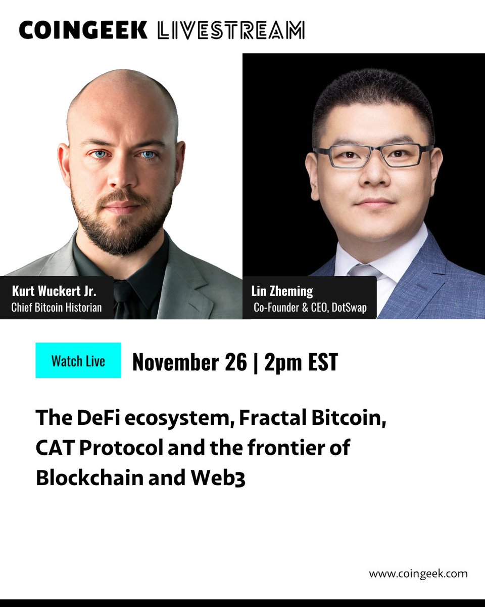 RealCoinGeek's tweet photo. This week Kurt is joined LIVE by @linzheming to discuss everything from trustless swaps and Automated Market Makers (AMMs) to the future of digital assets.

Post your thoughts or questions in the YouTube chat to WIN Comment of the Day!

🔔 Set a reminder: https://t.co/UFy9cT5Uyk https://t.co/sM2ZgMJrP3