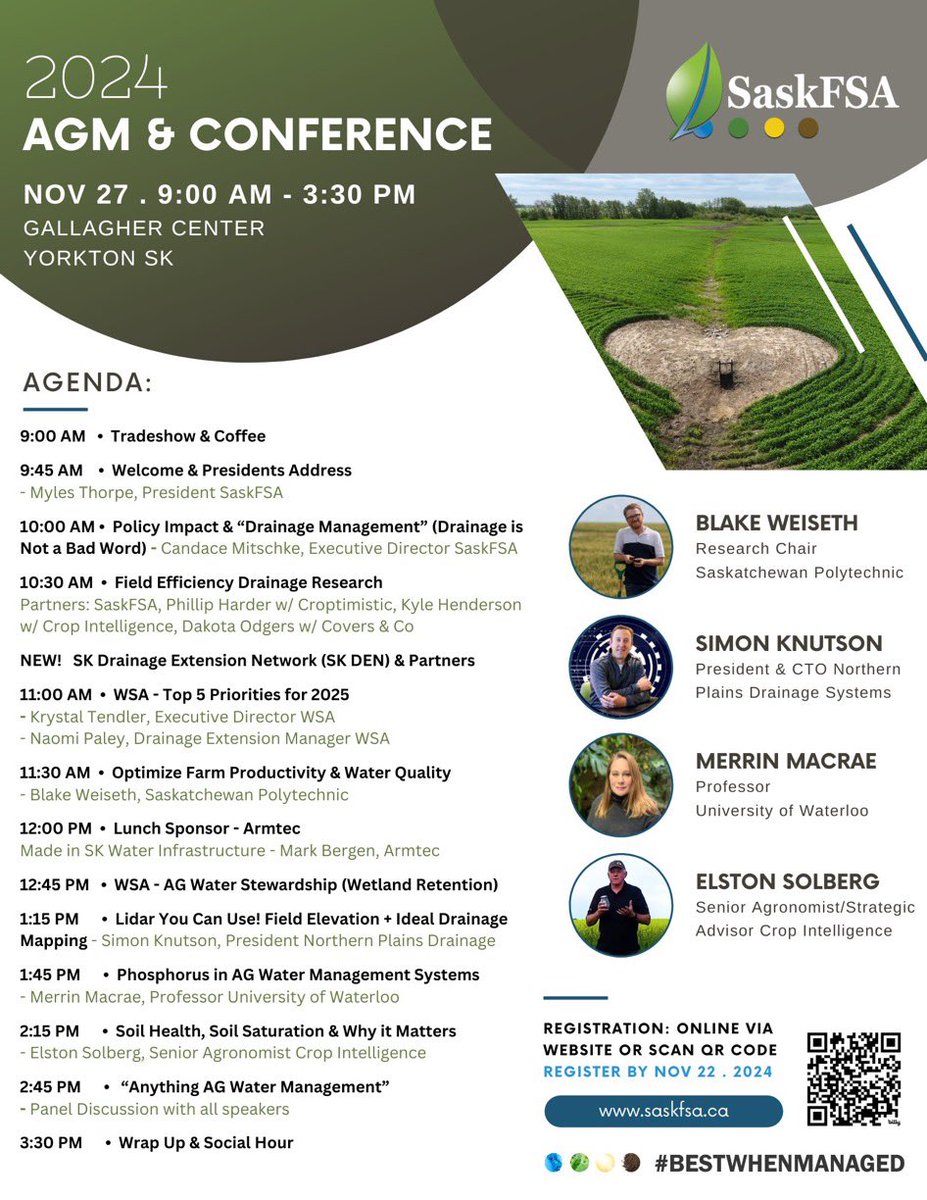 SaskFSA's tweet image. NOV 27 . Let’s gather 👉🏻 timely policy updates, new research &amp;amp; data, producer feedback, networking and tools you can use! 

SaskFSA AGM &amp;amp; Conference
Register HERE:  bit.ly/3YCoeVB

#BestWhenManaged #SkAg #DrainageManagement