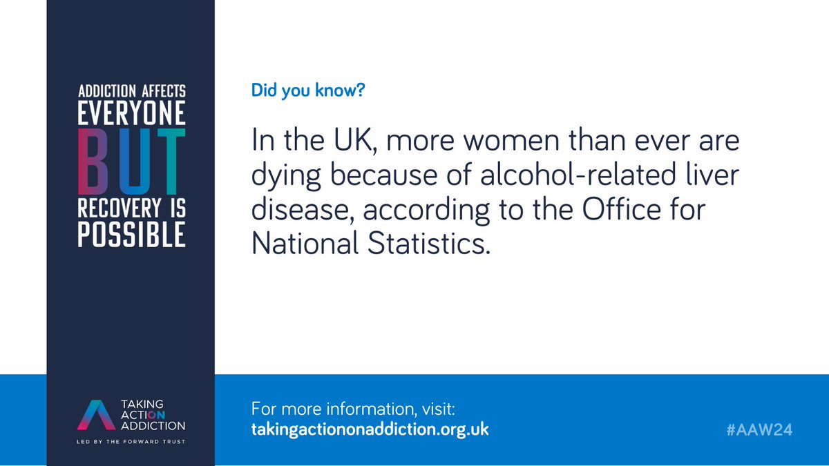 ActionAddiction's tweet image. According to @ONS, more women than ever are dying due to alcohol-related liver disease, the foundation the new BBC show, &apos;Binge Drinking and Me&apos;.

#TakingActionOnAddiction is working hard to ensure recovery support services are promoted widely this #AAW24

takingactiononaddiction.org.uk