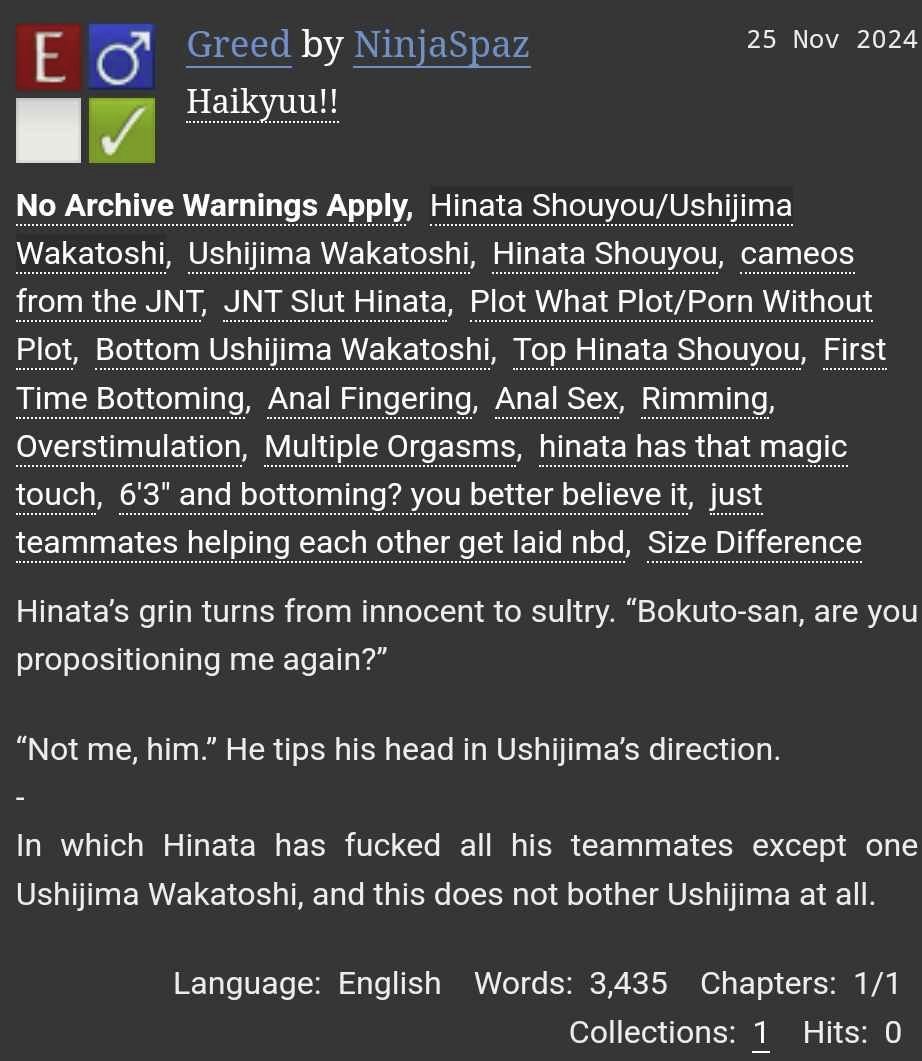 AniNinjaSpaz's tweet photo. 🔞Greed🔞

HinaUshi | rated E | 3.4k
feat.
🐮 JNT Slut Hinata
🐮 First time bottom Ushijima
🐮 PWP

#BottomUshiWeekend

🔗⤵️ https://t.co/99PQysjY0N