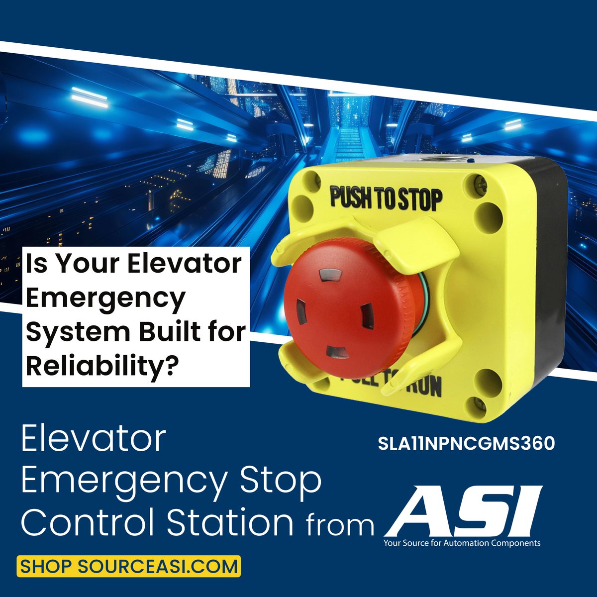 asiez's tweet photo. Is Your #ElevatorEmergencySystem Built for Reliability?
Your safety checklist isn’t complete without the ASI SLA11NPNCGMS360. This #emergencystop station offers: Push/Pull Action, Visual Indicator and Vertical Knockouts. Shop #EStops &amp; #ControlStations at https://t.co/XvzGKwDf3M https://t.co/jUbJjeF4rb